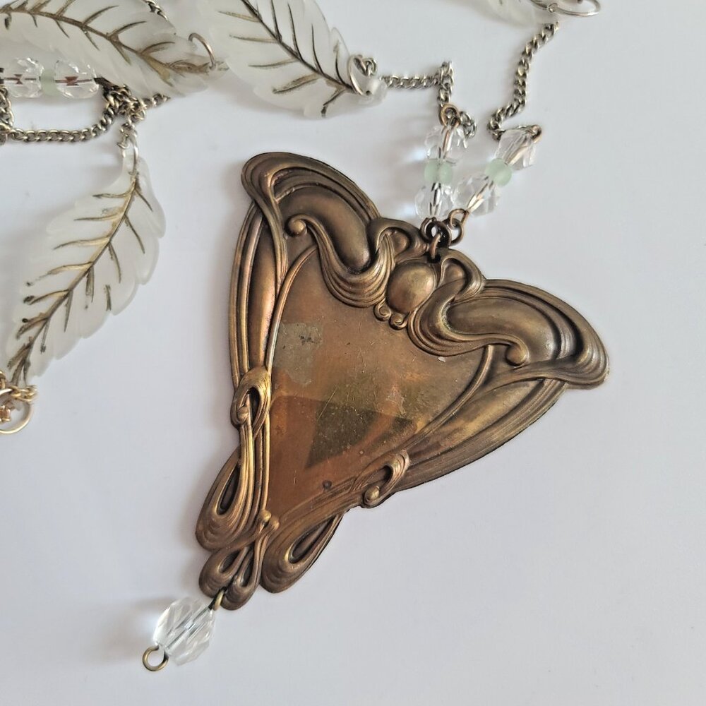 Art Nouveau Brass Pendant Necklace w Frosted Leaf Beads & Glass Drops, 18"